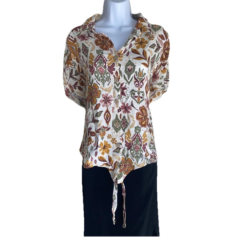Meg & Margot Women's Plus Size 1X Boho Paisley Floral Button Up W Tie Blouse Top
